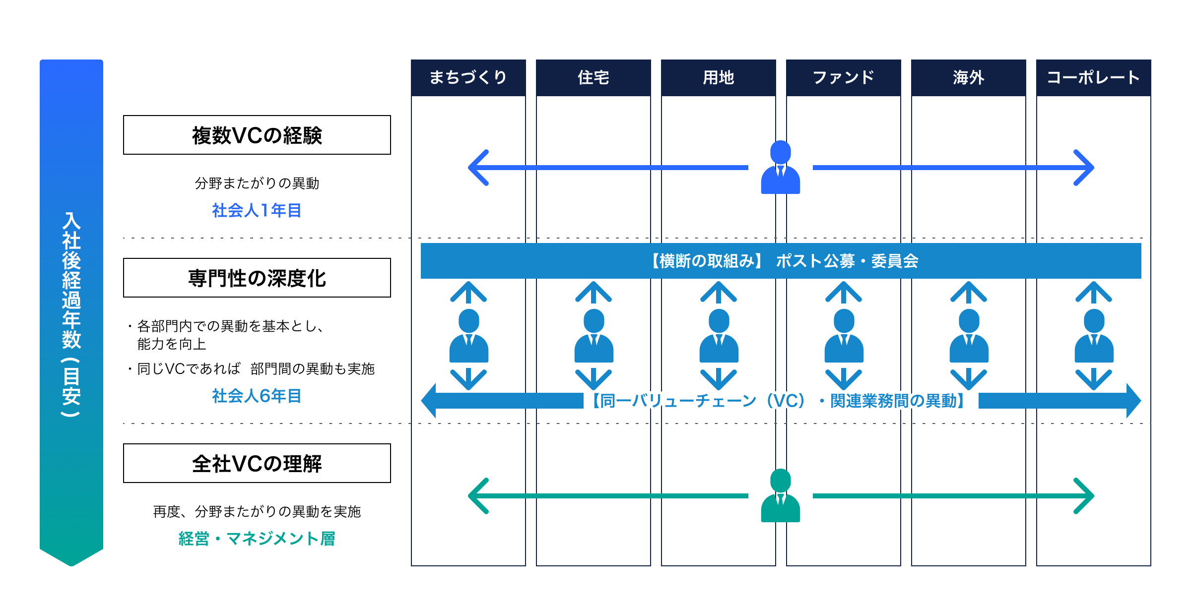 ジョブローテーションの説明図：入社後数年間は複数のバリューチェーン（VC）を経験。その後は各部門内での異動を基本として専門性の深度化を図る。経営マネジメント層では、再び分野またがりの異動を経験して全体VCの理解を深める。