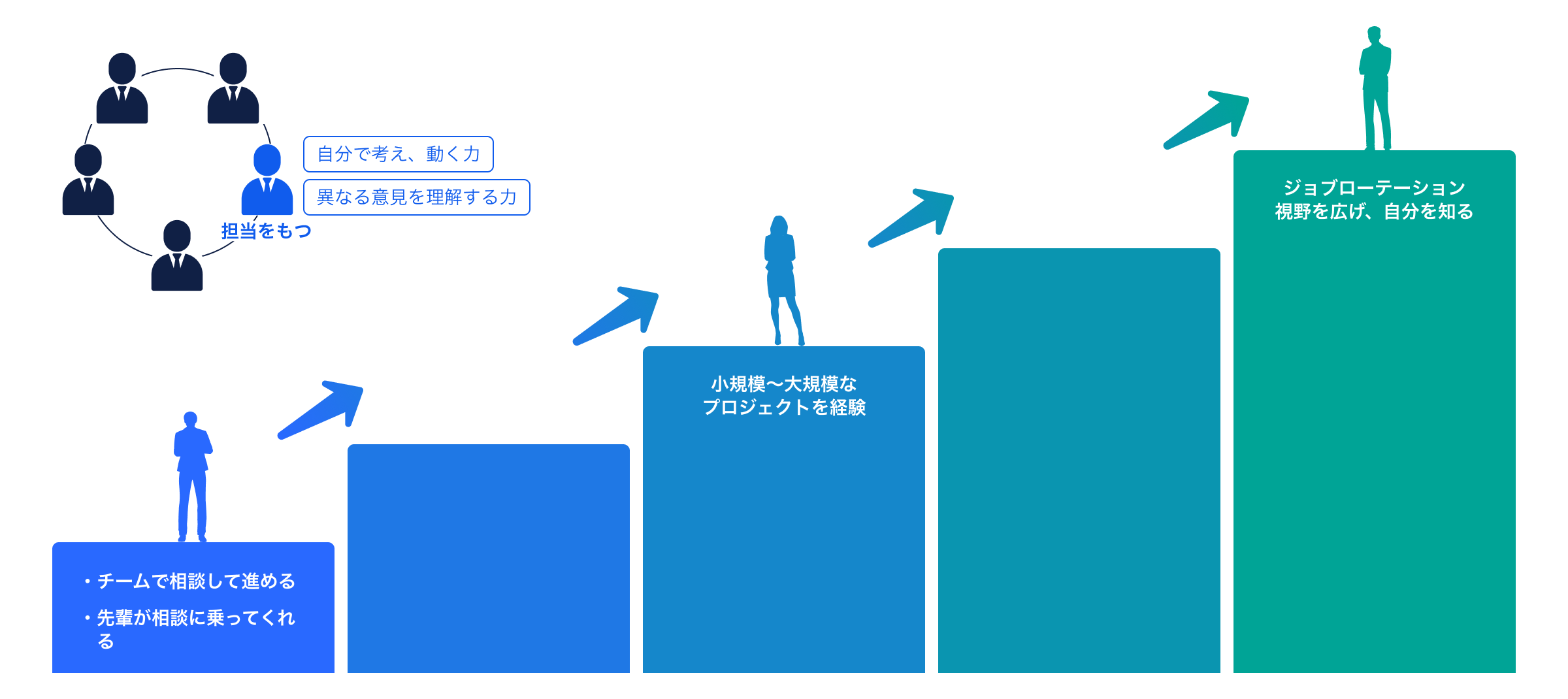 キャリアステップを示す図。初期はチームで相談しながら進め、徐々に自分で考え動く力を養い、小規模から大規模なプロジェクトを経験し、最後はジョブローテーションで視野を広げる段階的な成長プロセス